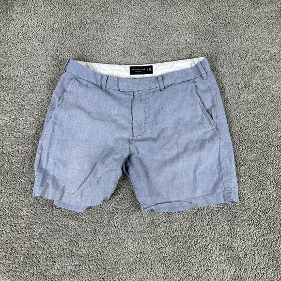 Abercrombie & Fitch Shorts Mens 34 Blue Linen Blend Chambray Chino Flat Front - Picture 1 of 10
